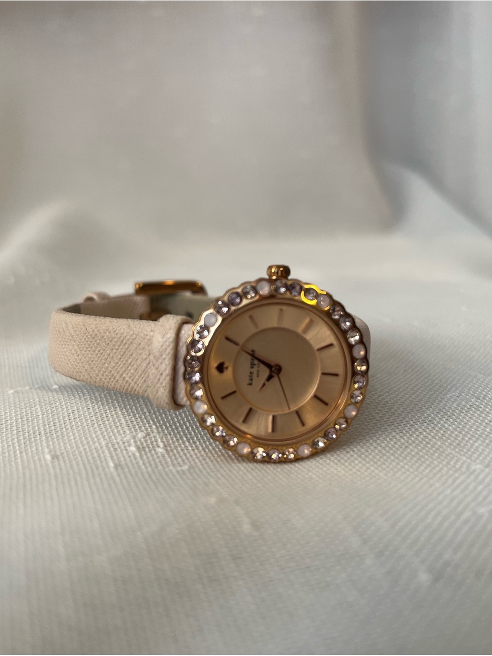 kate spade Gold-Tone Dial Watch with Light Beige Strap and Crystal Bezel